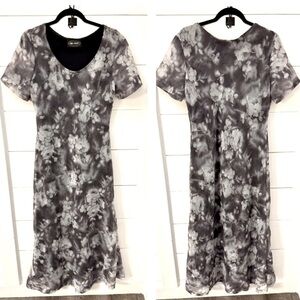 Y2K VINTAGE 14 Floral retro grey polyester midi dress fairy grunge dark romantic